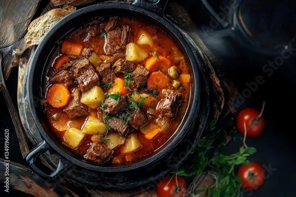 Fototapeta Overhead perspective of a flavorful beef stew in a cozy atmosphere.
