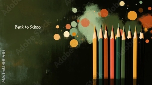 Fototapeta Colorful pencils display a back to school theme with vibrant orange, green, and yellow colors against a dark backdrop, creating a lively look