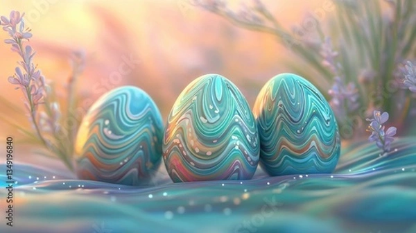 Fototapeta Three intricately designed eggs with vibrant colors are placed among soft grass and flowers, capturing the essence of springtime