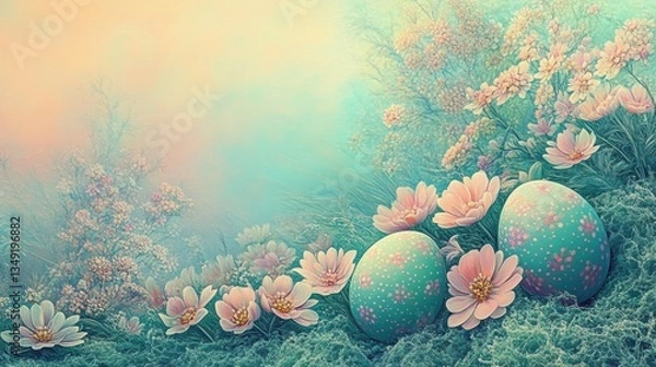 Fototapeta Colorful Easter eggs rest amidst delicate pastel flowers in a serene spring garden during the early morning hours