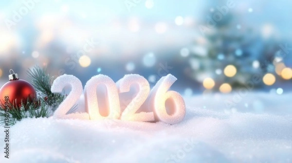 Fototapeta Glowing numbers representing 2026 rest on soft snow, adorned with a red ornament and a green pine branch, conveying a festive winter atmosphere