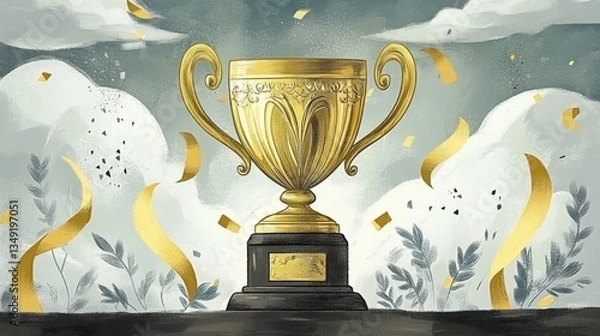 Fototapeta A golden trophy stands proudly atop a wooden base with confetti swirling around it, symbolizing triumph and success