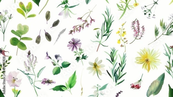 Fototapeta Charming Hand - Drawn Vector Watercolor Set: Herbs, Wildflowers, and Spices for a Rustic Touch