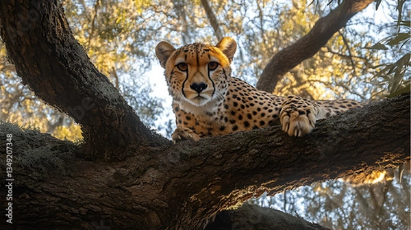 Fototapeta A regal cheetah surveys its kingdom from a sun-dappled oak branch, a moment of serene power in the dappled sunlight.
