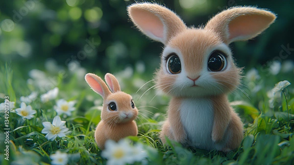 Fototapeta Two adorable bunnies sharing a tender moment in a sun-dappled meadow, their soft fur gleaming in the gentle light.