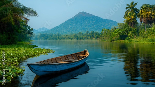 Fototapeta A serene blue canoe rests on tranquil waters, nestled amidst lush tropical foliage and majestic mountains under a clear sky.
