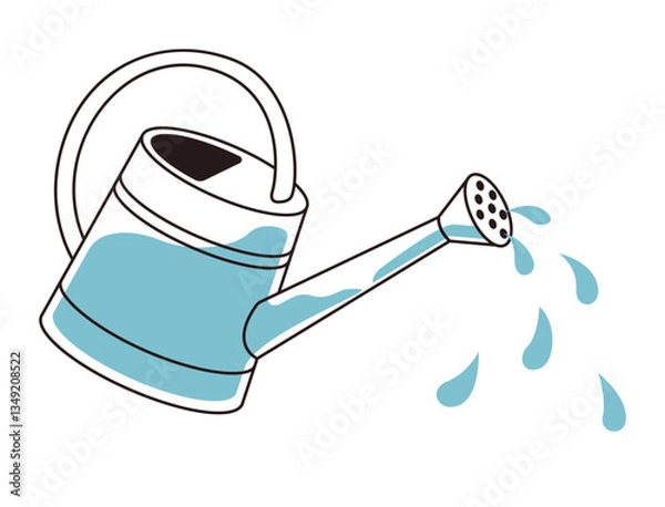 Fototapeta A garden watering can that pours drops of water. A garden tool in the doodle style. Vector illustration isolated on a white background