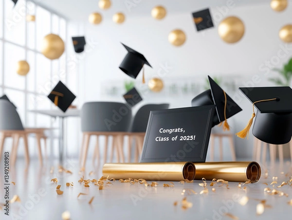 Fototapeta Festive graduation setup with floating caps, golden diplomas, and congratulatory sign for class of 2025. Elegant decor symbolizes success, new opportunities, and bright future.