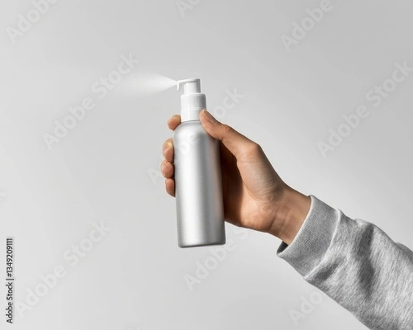 Fototapeta A hand holding a spray can, spraying hair product on a light background, captured in a product photography style.