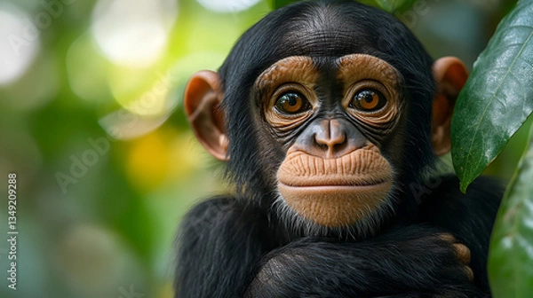 Fototapeta A young chimpanzee's gentle gaze, a portrait of innocent curiosity in lush green foliage with soft, natural lighting.