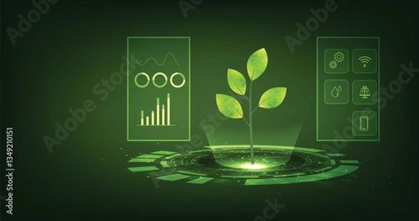 Fototapeta Smart farm technology.Mobile phone where technology is used to control production growth, crop care, Solar cell, water.