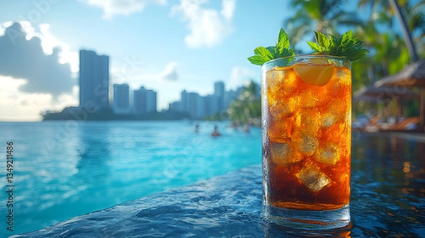 Fototapeta An icy refreshing long drink garnished with mint, perfectly positioned by a luxurious resort pool overlooking a vibrant city skyline bathed in warm sunlight.
