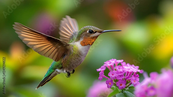 Fototapeta A vibrant hummingbird in flight, gracefully approaching a cluster of delicate purple flowers, bathed in soft sunlight and a blurred bokeh background.