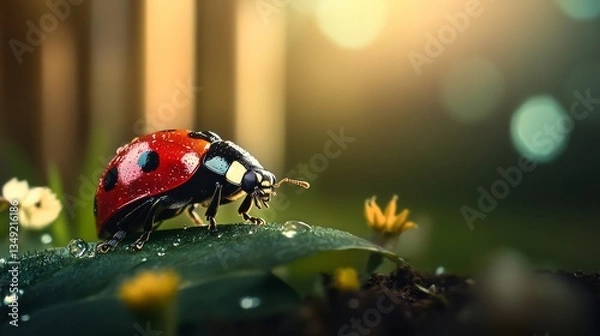 Fototapeta Ladybug is standing on a leaf in a garden. The image has a peaceful and serene mood, as the ladybug is surrounded by flowers and plants