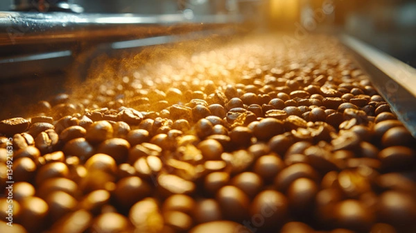 Fototapeta Golden river of freshly roasted coffee beans flowing on a conveyor belt, illuminated by warm factory lights creating a rich and aromatic scene.