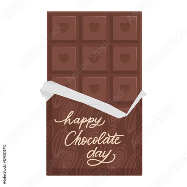 Fototapeta Happy Chocolate day greeting card. Vector chocolate bar in flat style, hand written calligraphy isolated on white background
