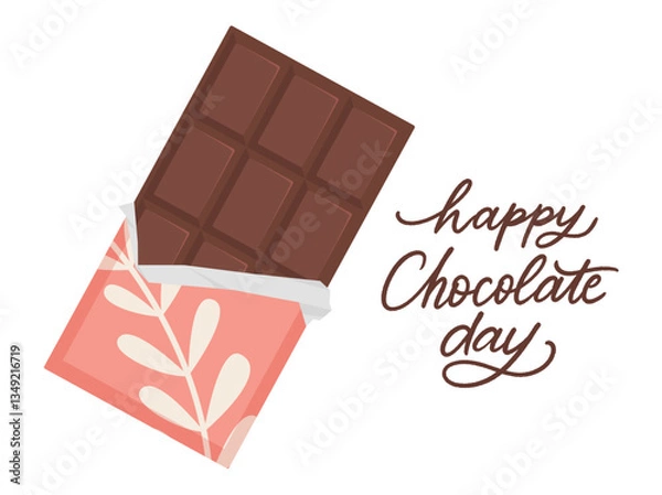 Fototapeta Happy Chocolate day greeting card. Vector chocolate bar in flat style, hand written calligraphy isolated on white background