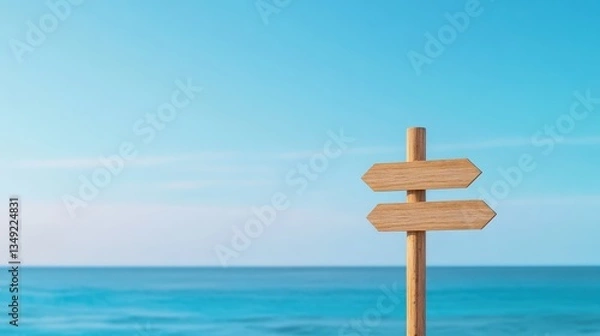 Fototapeta A wooden signpost with two arrows stands against a serene ocean background, symbolizing choices and direction.