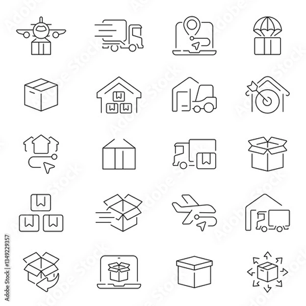 Fototapeta Logistics vector icon set. Logistic, distribution, shipping, transportation, delivery, cargo, Logistics related thin line icon collection. Editable stroke