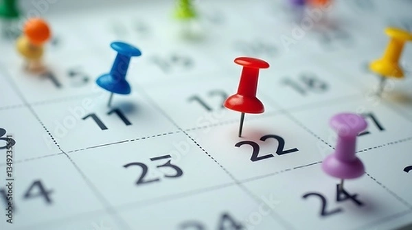 Fototapeta Close-up of a calendar with colorful pins marking important dates, including a blue pin on the 15th and a red pin on the 8th. Planning & reminder concept.