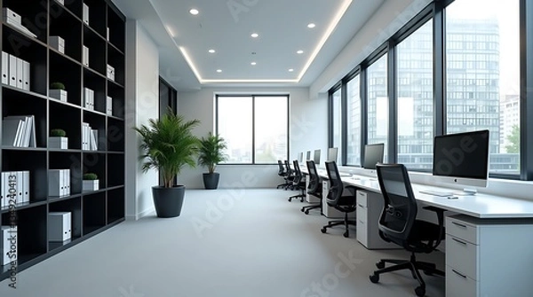 Fototapeta Modern open-plan office with minimalist design, white desks in rows, ergonomic chairs, natural lighting, large windows, black shelves, gray carpet, and green plants.