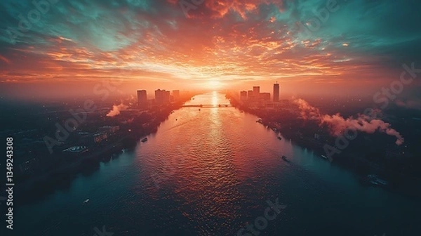 Obraz Aerial City Sunset River View