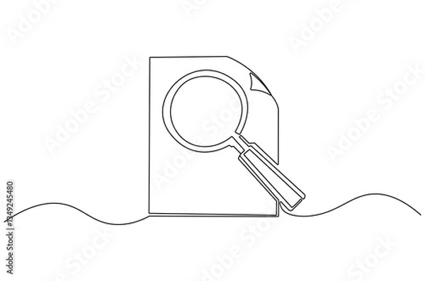 Fototapeta Continuous one line drawing of Paper document with magnifying glass. Single line drawing illustration set of office document. Office notes concept vector art. Line vector illustration.