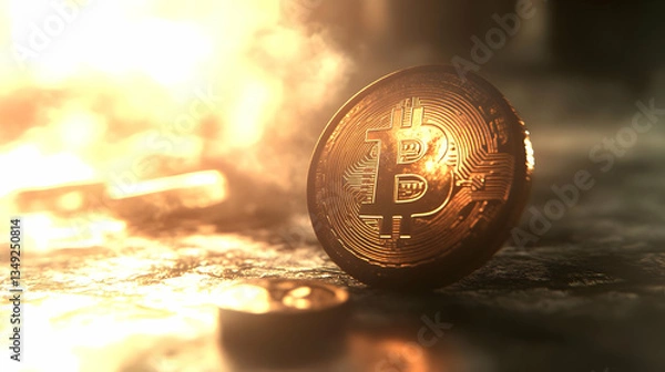 Obraz Glowing Bitcoin Icon Against Futuristic Background with Ethereal Light