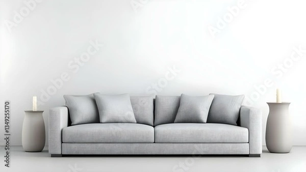 Fototapeta A modern gray sofa with cushions placed between two simple vases containing candles, set against a minimalist white wall. Concept Modern Gray Sofa, Minimalist Interior Design, Decorative Cushions