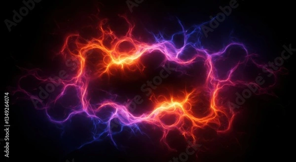 Fototapeta Abstract fractal design features a glowing, square-shaped frame of intertwined, fiery orange and vibrant blue tendrils against a dark background