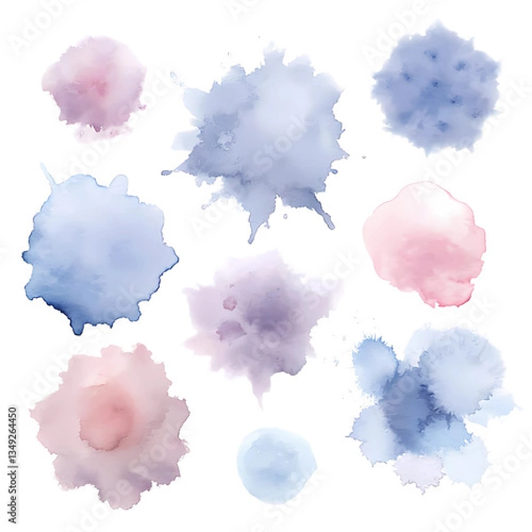 Fototapeta Soft Pastel Watercolour Splashes: Abstract Blue, Pink & Purple Stains Set