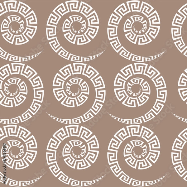 Fototapeta Seamless white pattern of spiral meander on beige pastel background. Oriental or Greek style for typography, fabric printing, curtains, scarves and stoles clothes and interior