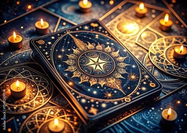 Fototapeta Mystical Night Celestial Tarot Card Pattern: Hand-Drawn Starry Design