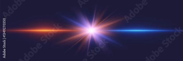 Fototapeta Special light effect of star glare.Sunlight, dynamic light rays.On a dark blue background.