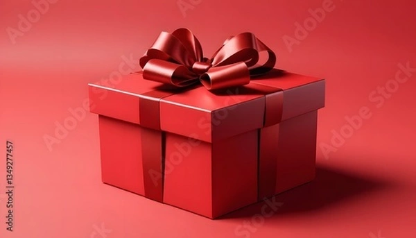 Fototapeta A red gift box with a bow  long title A beautifully wrapped red gift box with a shiny decorative