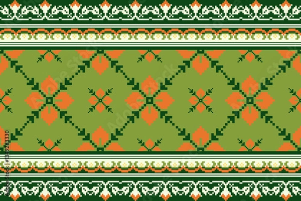 Fototapeta Cross Stitch Border. Embroidery Cross Stitch. Ethnic Patterns. Geometric Ethnic Indian pattern. Native Ethnic pattern.Texture Textile Fabric Clothing Knitwear print. Pixel Horizontal Seamless Vector.