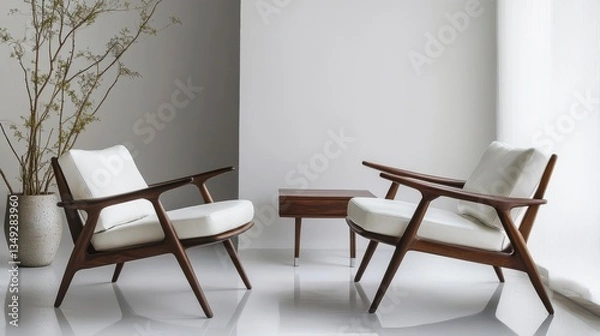 Fototapeta Two mid-century modern armchairs with white cushions and a small wooden side table in a minimalist room.