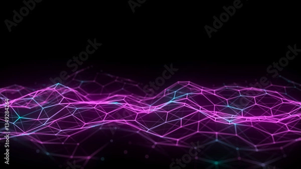 Fototapeta Abstract futuristic hexagon wave with moving dots. Flow of particles. Technology illustration. 3d rendering
