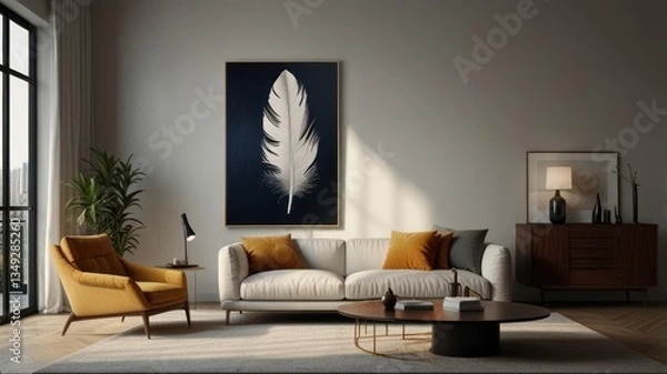 Obraz Modern living room featuring a feather art piece