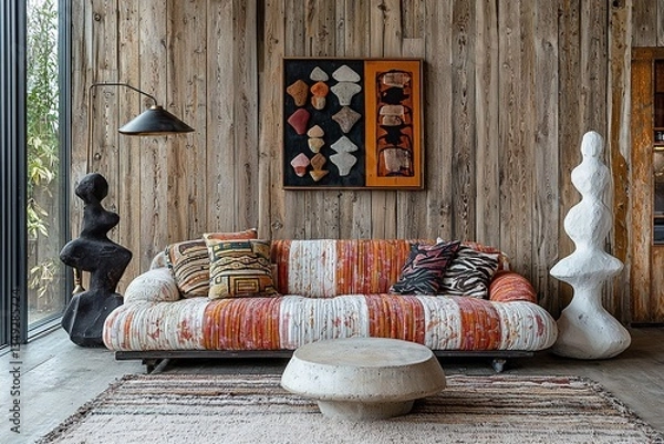 Fototapeta Mid century Modern Interior This is the interior design of the living room with wood-finished interiors and colorful sofas and sculptures and art frames visible. Generative AI
