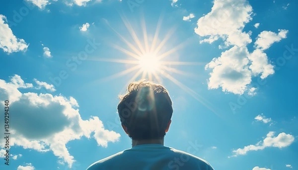 Fototapeta Rear View of a Man Looking at the Sun in a Blue Sky