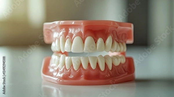 Obraz Close-up of a dental model of teeth with detailed gums, used for studying oral hygiene and dental care techniques, placed on a clean surface.
