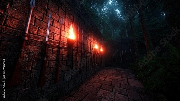 Fototapeta Ancient stone path lit by torches, spears on wall, misty forest