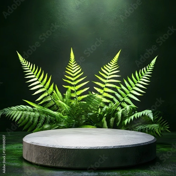 Fototapeta A podium made of delicate fern leaves, placed in a dewy early morning forest.