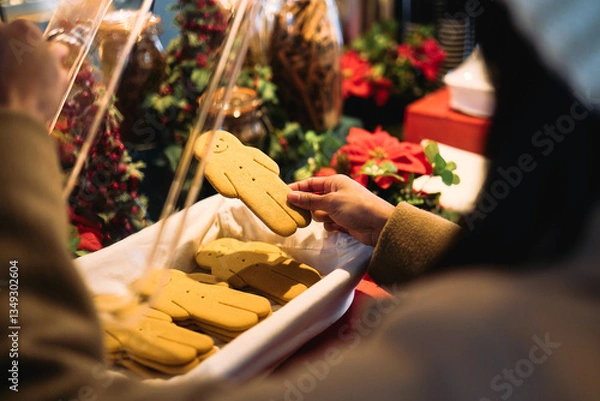 Obraz Customer choosing gingerbread man cookie at christmas market