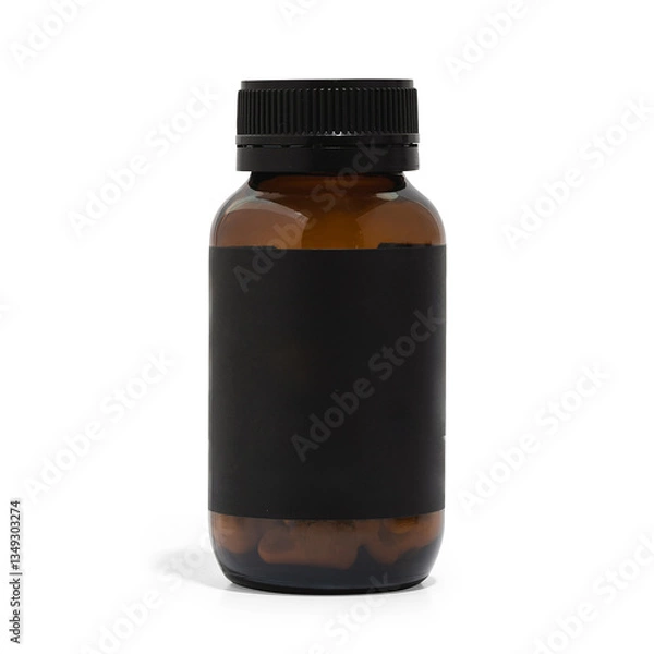 Obraz White background of amber supplement vitamin bottle with shadow and copy space