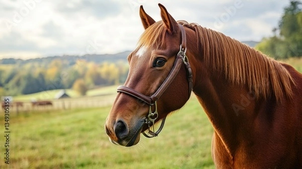 Fototapeta A horse in a pasture with a shiny bridle, looking content as it grazes, surrounded by a peaceful countryside with rolling hills and trees.