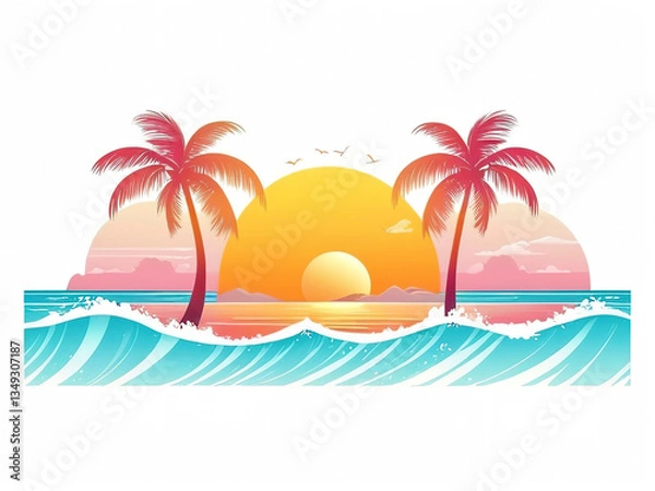 Fototapeta Tropical sunset with palm trees and waves, vibrant travel art.  