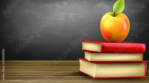 Fototapeta A ripe apple perched atop a stack of red books against a dark chalkboard background scene setup