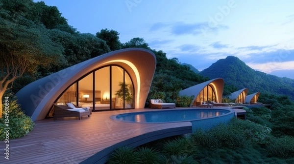 Fototapeta Modern, curvilinear houses surrounded by lush greenery, featuring a pool and stunning mountain views at dusk.